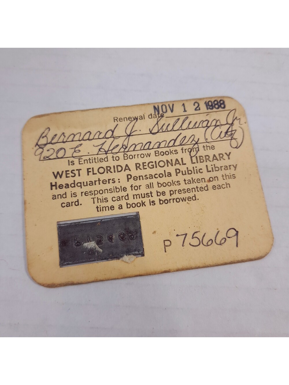Vintage West Florida Regional Public Library Card Pensacola FL 80S 1988 Paper